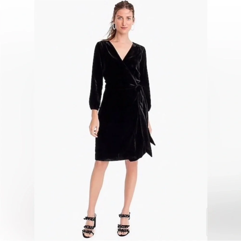 J. Crew Black Velvet 3/4 Sleeve Wrap Dress Size 4